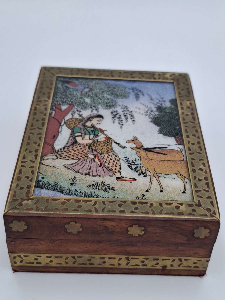 Vintage Wood Gemstone Painting Jewellery Box