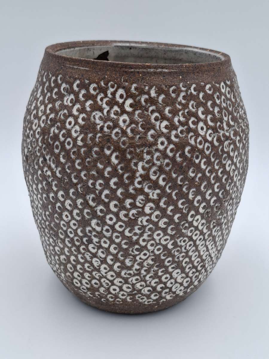 Vintage Handmade Rustic Chocolate Vase with Whitened Hammered Texture Design
