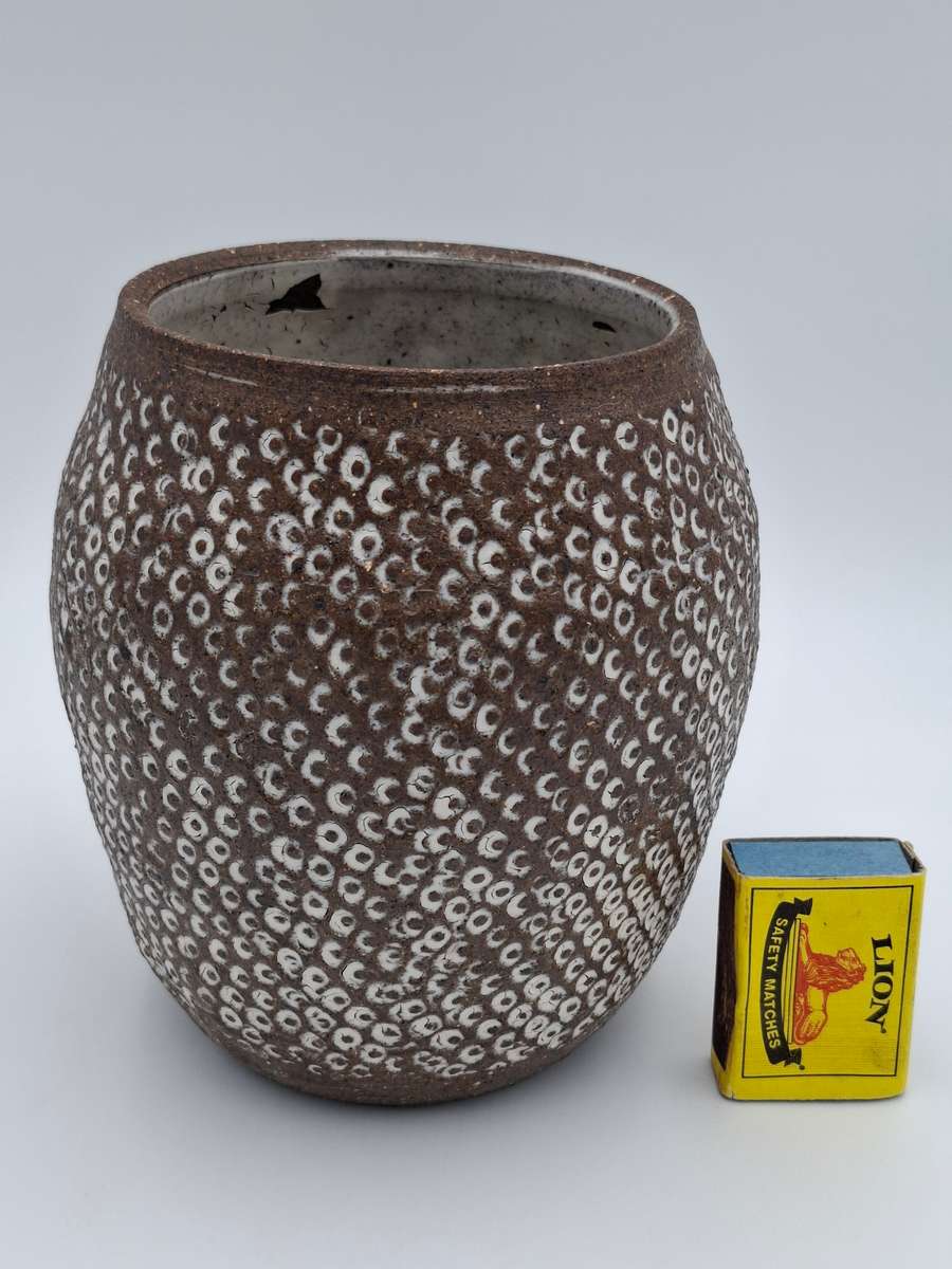 Vintage Handmade Rustic Chocolate Vase with Whitened Hammered Texture Design