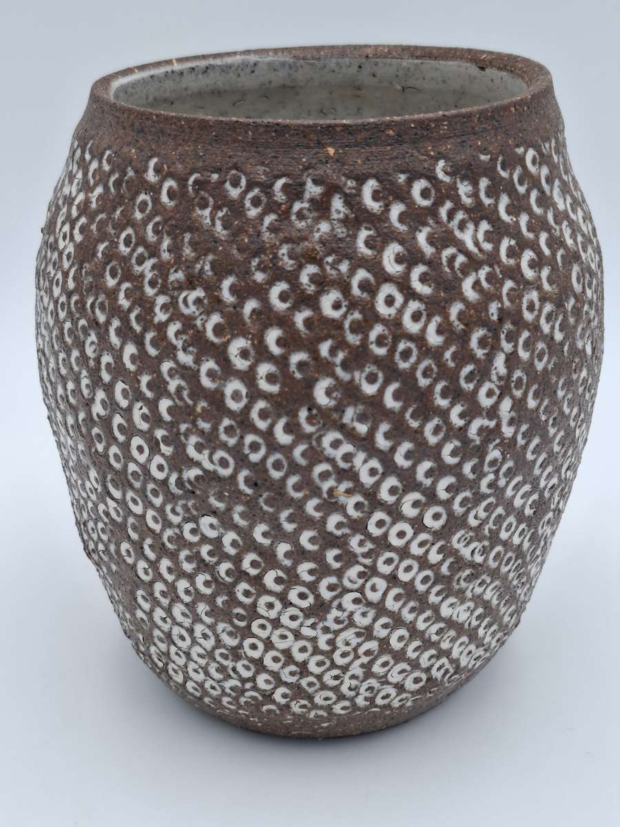 Vintage Handmade Rustic Chocolate Vase with Whitened Hammered Texture Design