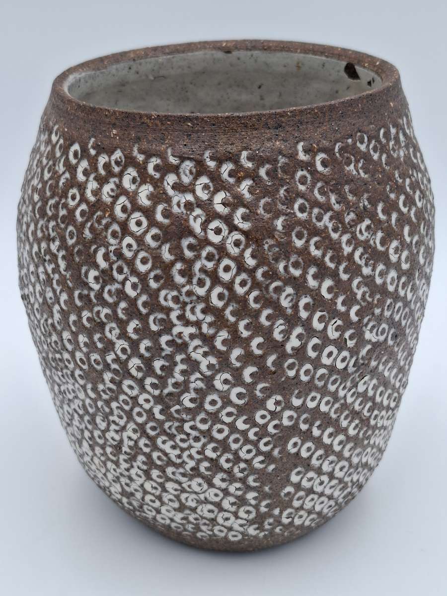 Vintage Handmade Rustic Chocolate Vase with Whitened Hammered Texture Design