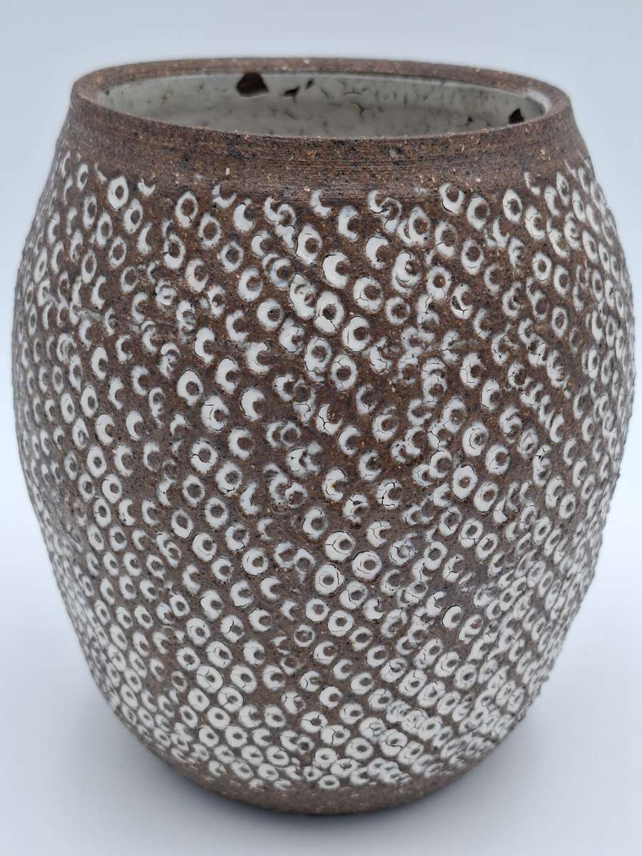 Vintage Handmade Rustic Chocolate Vase with Whitened Hammered Texture Design