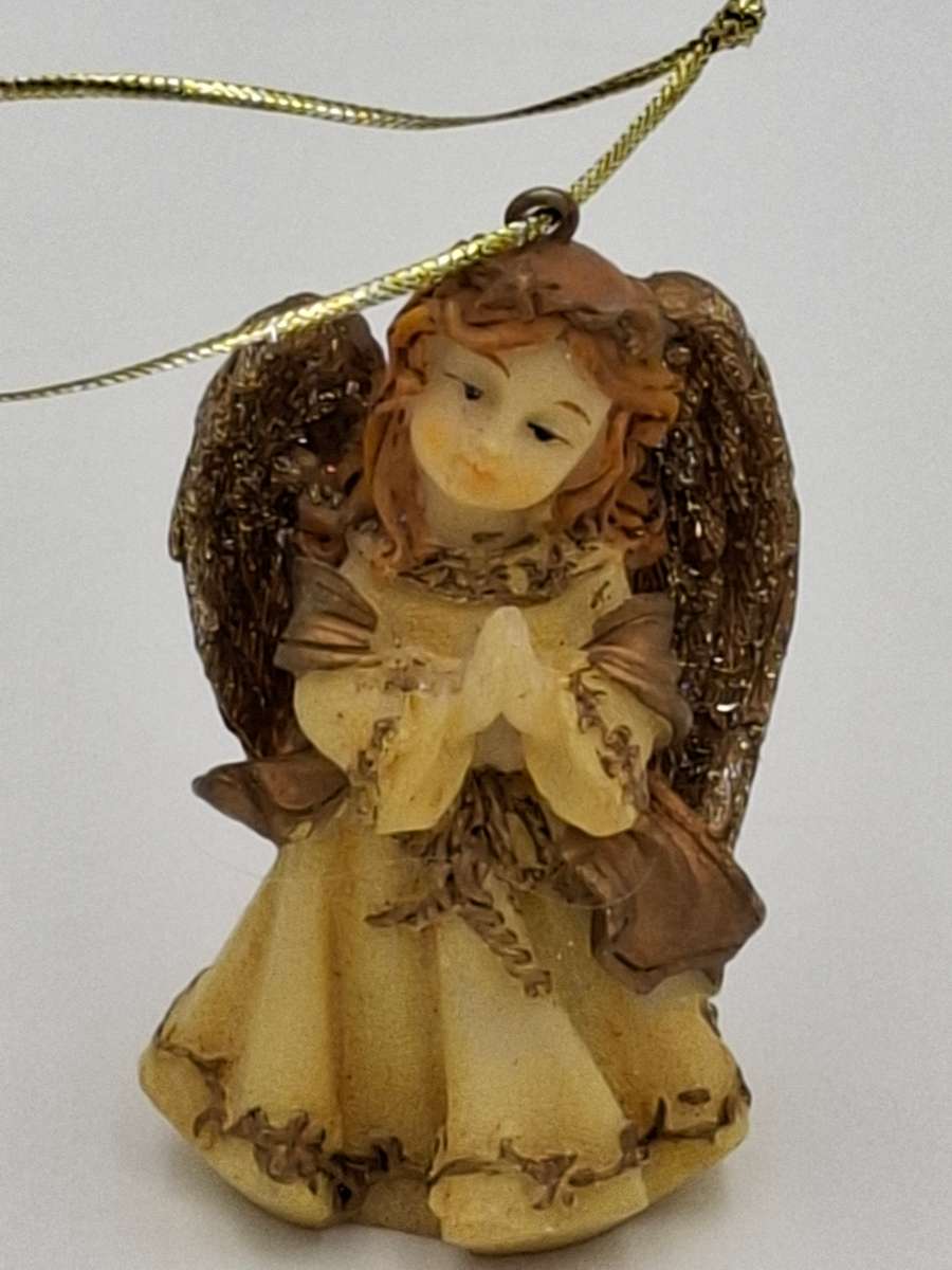 Vintage Christmas Angel with Sparkly Wings Praying - Gold Thread attached to hang from the tree