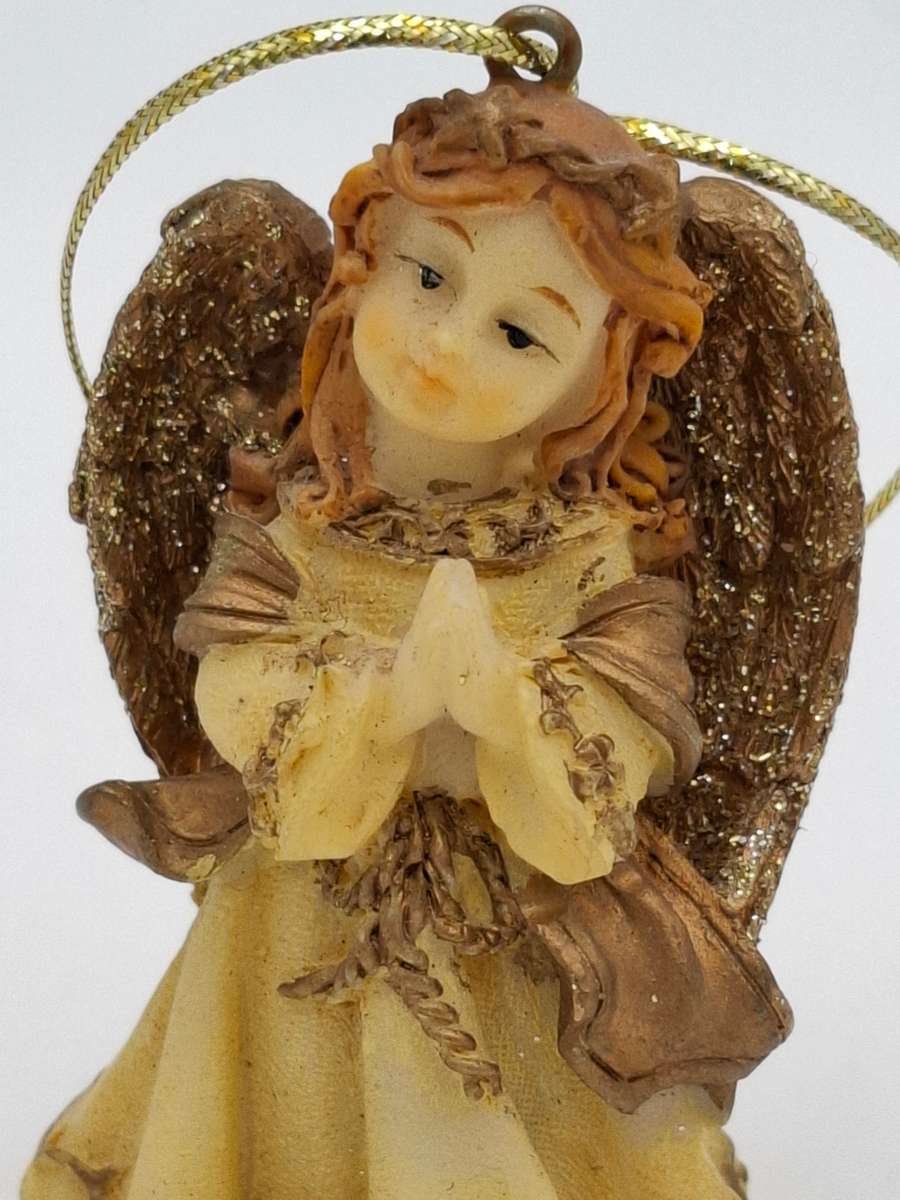 Vintage Christmas Angel with Sparkly Wings Praying - Gold Thread attached to hang from the tree