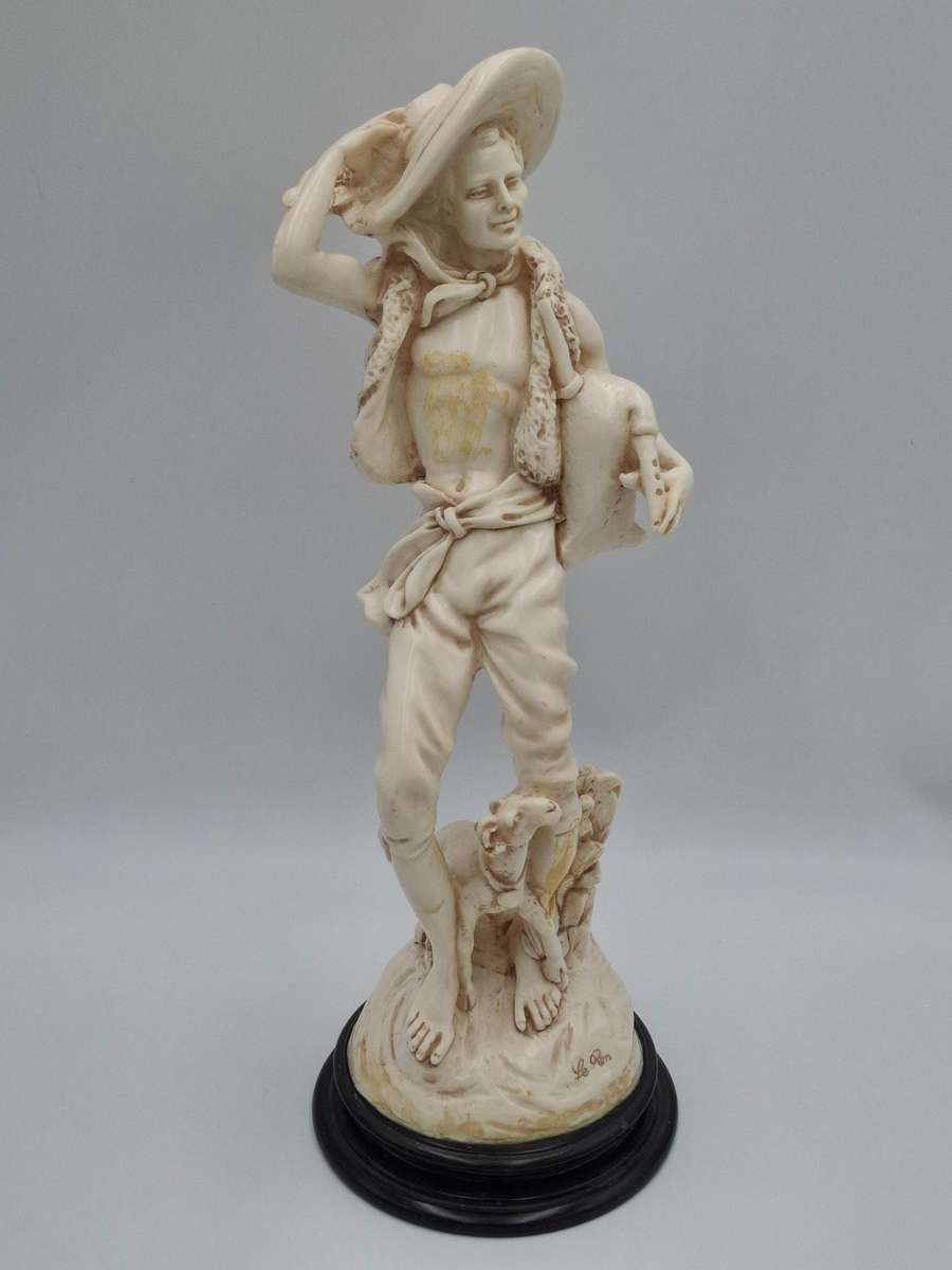 Artist Le Ron Stonelite Vintage Sculpture - Shepherd with Bagpipes and lamb