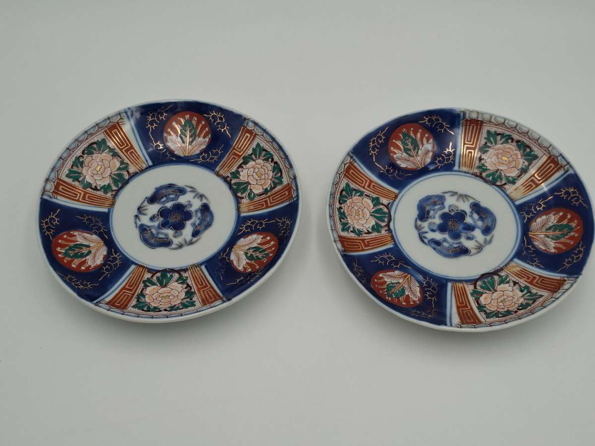 Pair Antique Japanese Porcelain Imari Landscape Dishes/Plates -  Deep Blue & Gold - 21.5cm diameter