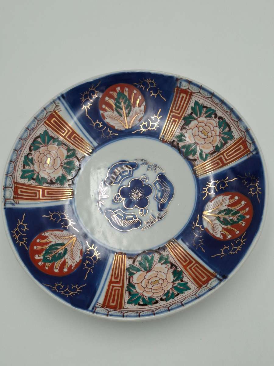 Pair Antique Japanese Porcelain Imari Landscape Dishes/Plates -  Deep Blue & Gold - 21.5cm diameter