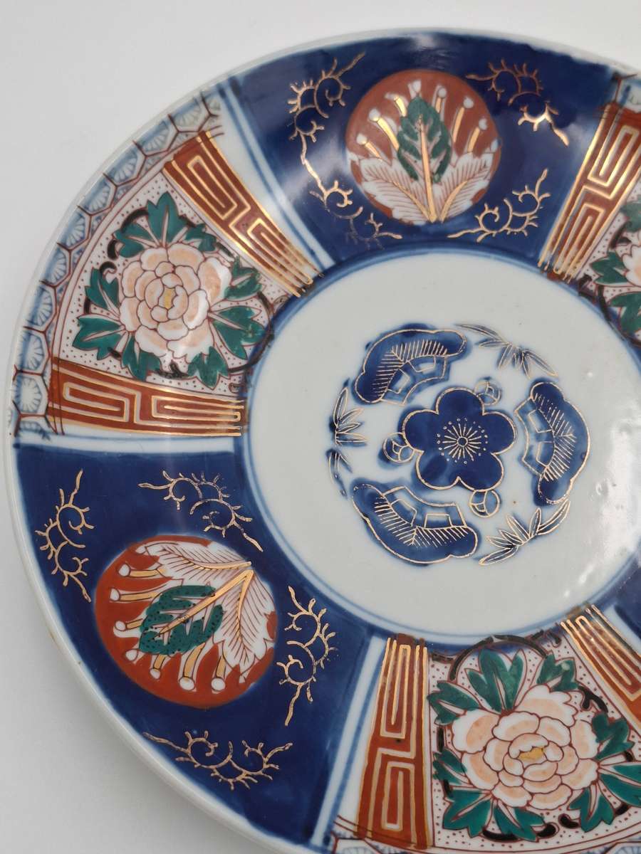Pair Antique Japanese Porcelain Imari Landscape Dishes/Plates -  Deep Blue & Gold - 21.5cm diameter