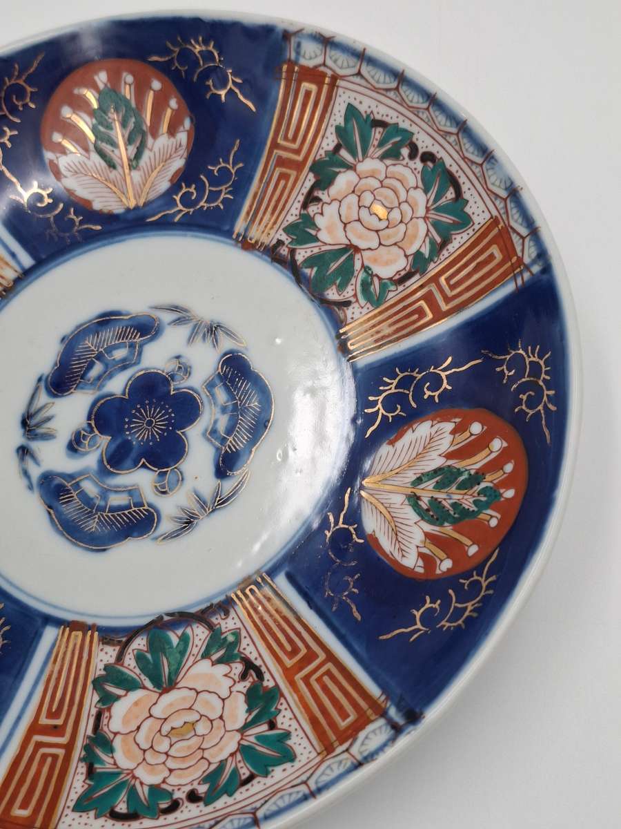 Pair Antique Japanese Porcelain Imari Landscape Dishes/Plates -  Deep Blue & Gold - 21.5cm diameter