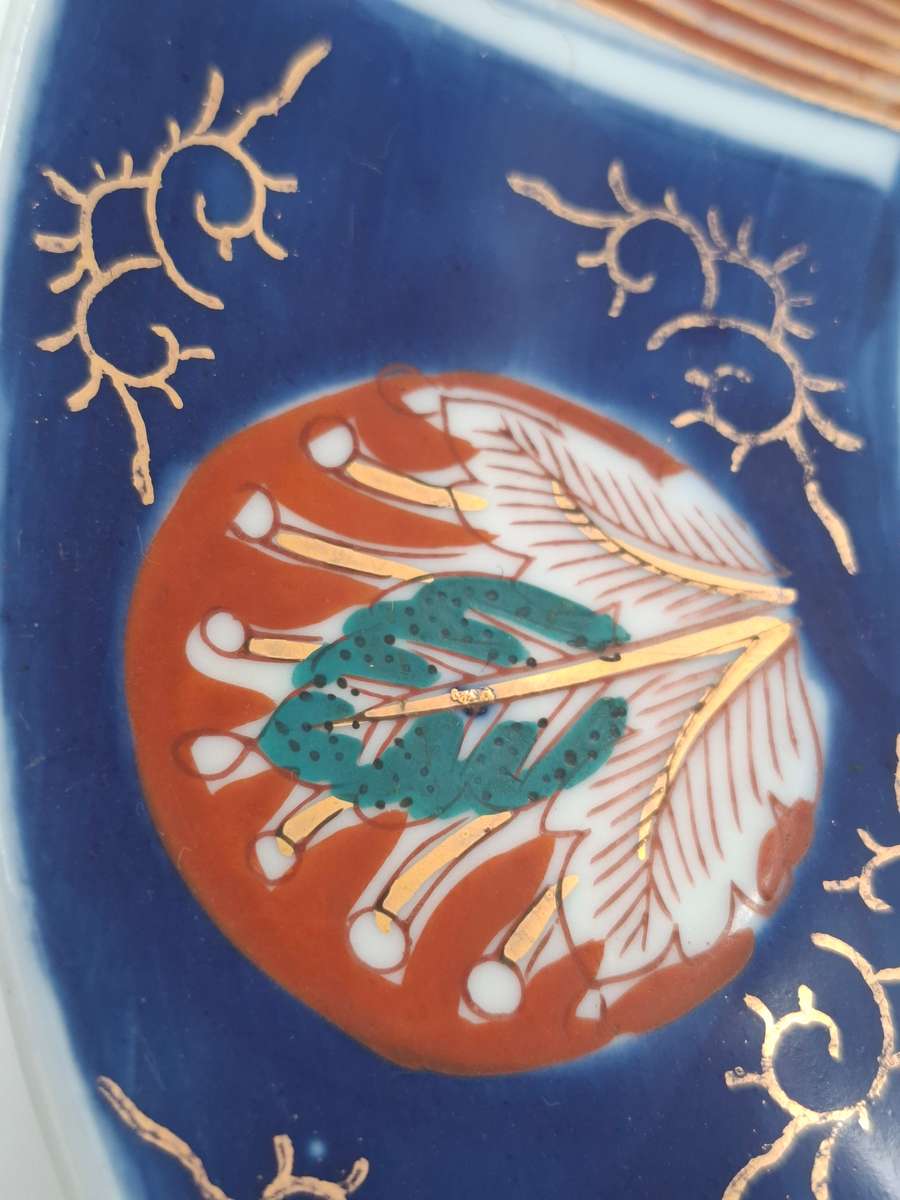 Pair Antique Japanese Porcelain Imari Landscape Dishes/Plates -  Deep Blue & Gold - 21.5cm diameter