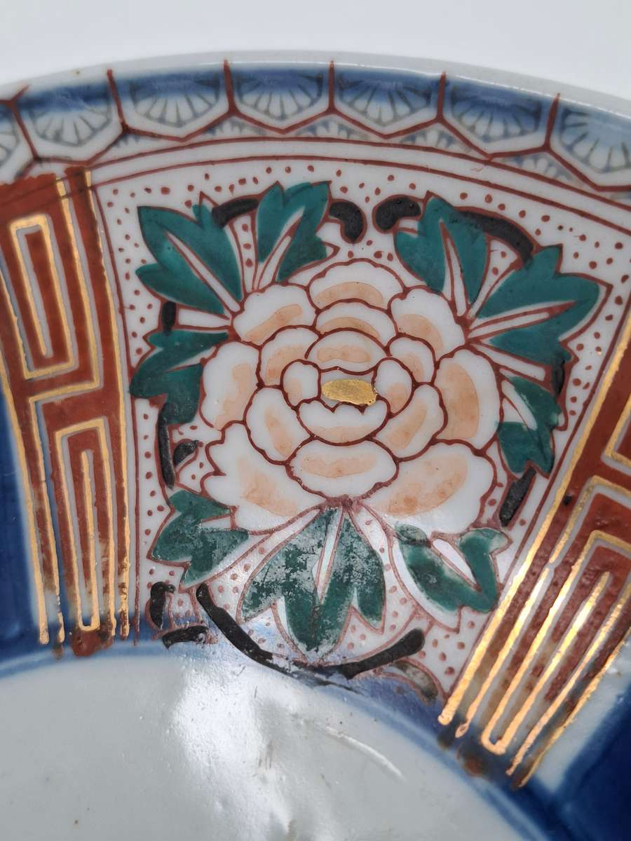 Pair Antique Japanese Porcelain Imari Landscape Dishes/Plates -  Deep Blue & Gold - 21.5cm diameter