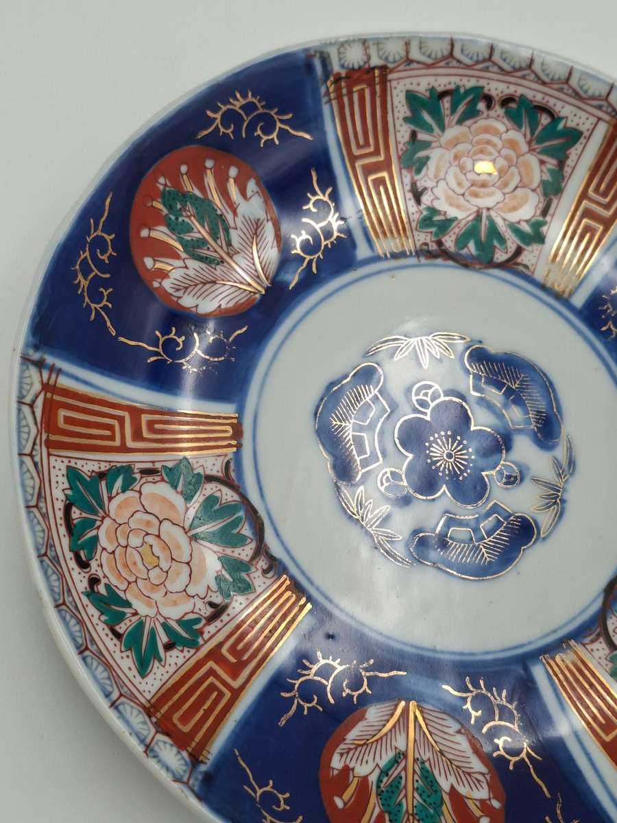 Pair Antique Japanese Porcelain Imari Landscape Dishes/Plates -  Deep Blue & Gold - 21.5cm diameter