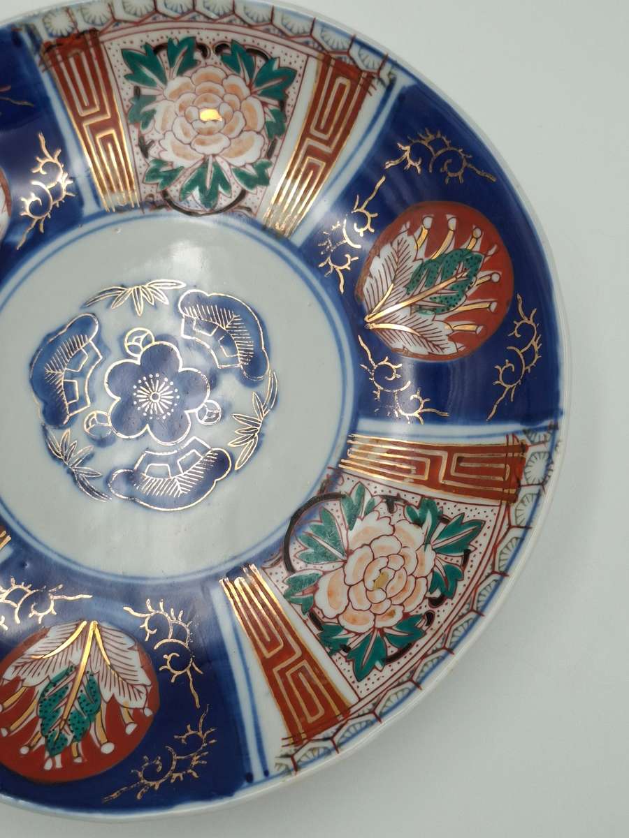 Pair Antique Japanese Porcelain Imari Landscape Dishes/Plates -  Deep Blue & Gold - 21.5cm diameter