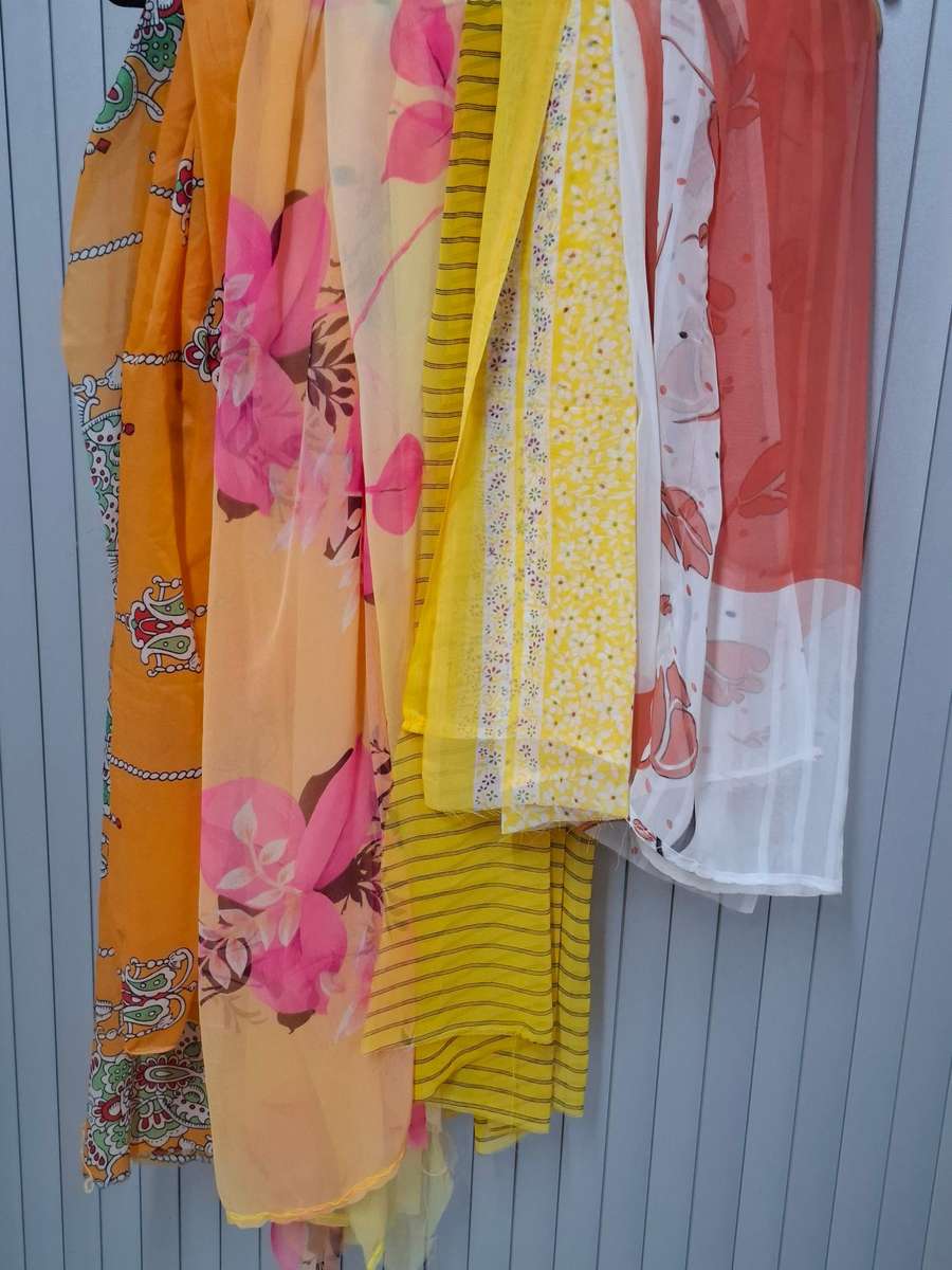 Yellow and Orange Colored Fabric Batch - Precut in Rectangular Shapes for Head Scarves - with Thread