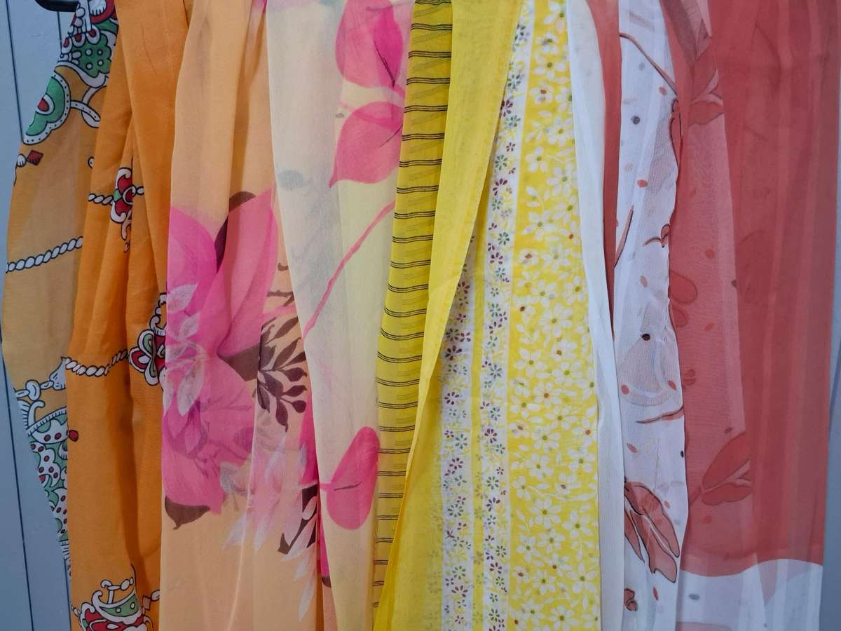 Yellow and Orange Colored Fabric Batch - Precut in Rectangular Shapes for Head Scarves - with Thread