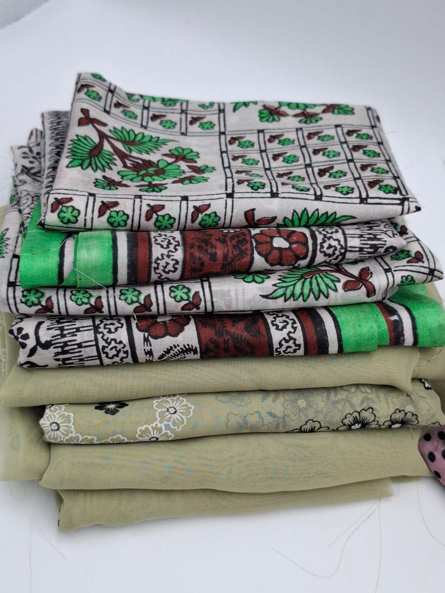 Light Pink & Green Fabric Batch - Precut in Rectangular Shapes for Head Scarves - with Thread