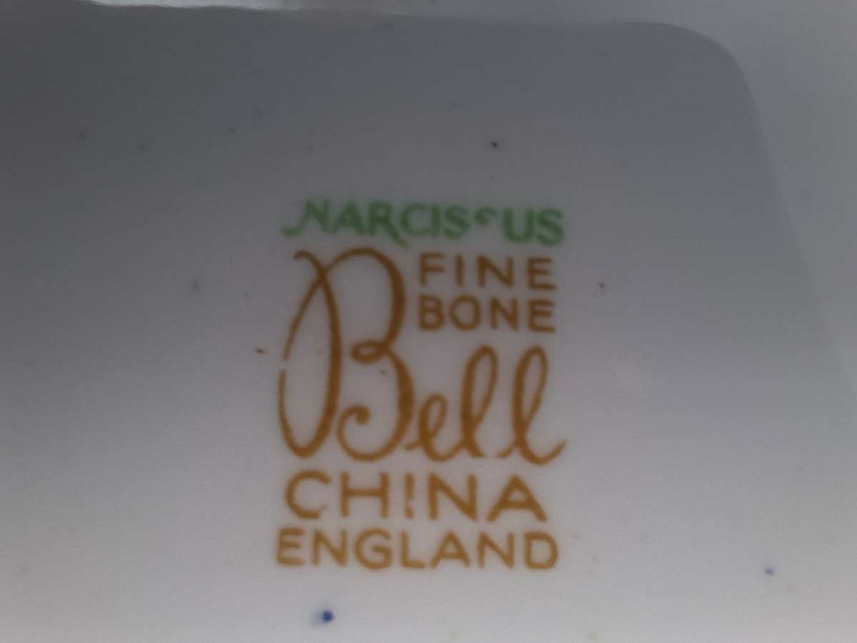 Fine Bone Bell China - Narcissus design - Made in England - Beautiful Blue & Gold Edge Trim