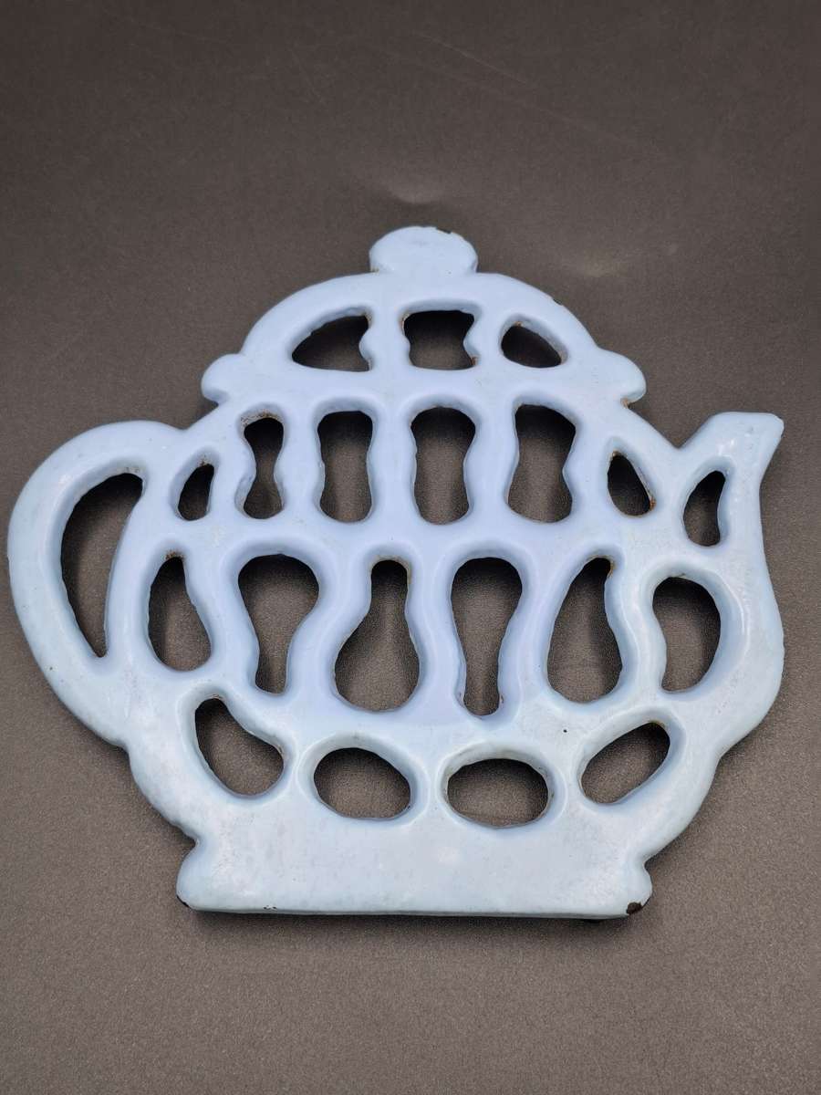 Vintage Light Blue Metal Trivet - Teapot Shaped