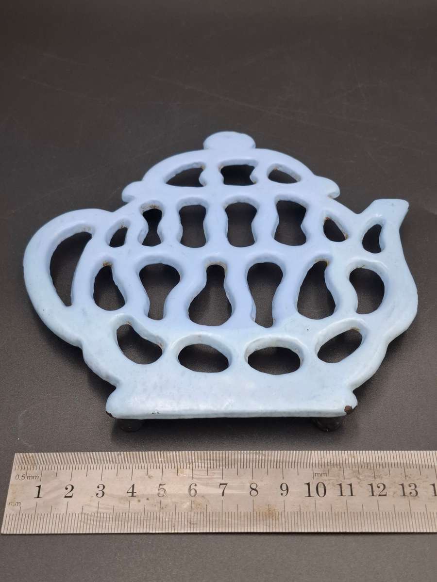 Vintage Light Blue Metal Trivet - Teapot Shaped