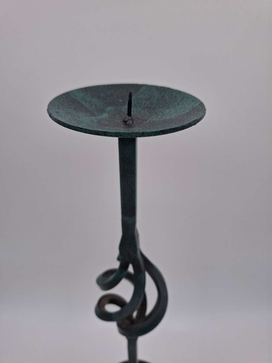 Candlestick - 49.5cm H - Single Wrought Iron Candle Stand with Greenish Finish - 9.5cm diameter