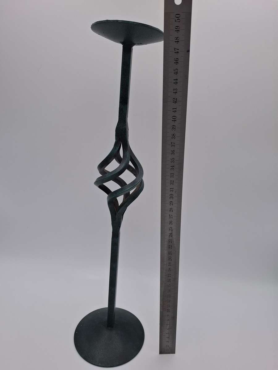 Candlestick - 49.5cm H - Single Wrought Iron Candle Stand with Greenish Finish - 9.5cm diameter