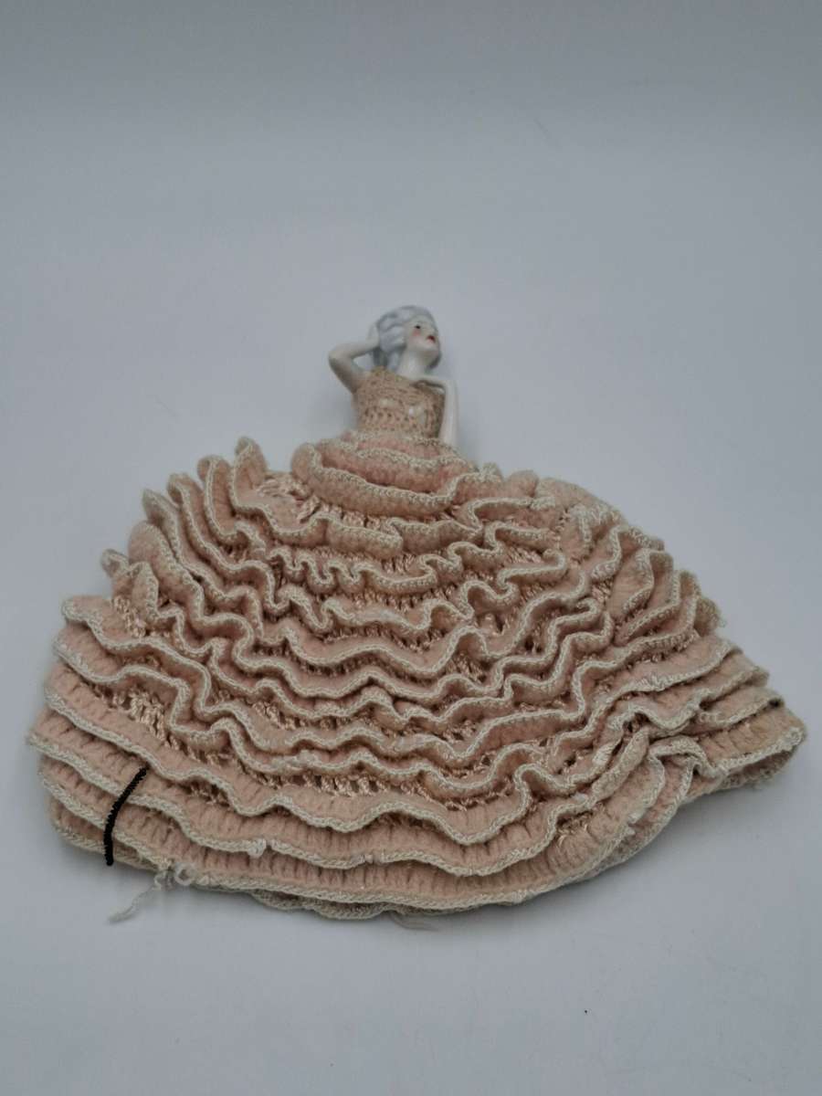 Vintage Porcelain Doll with Crocheted Dress - Unique Tea Cozy