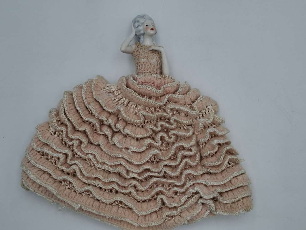 Vintage Porcelain Doll with Crocheted Dress - Unique Tea Cozy