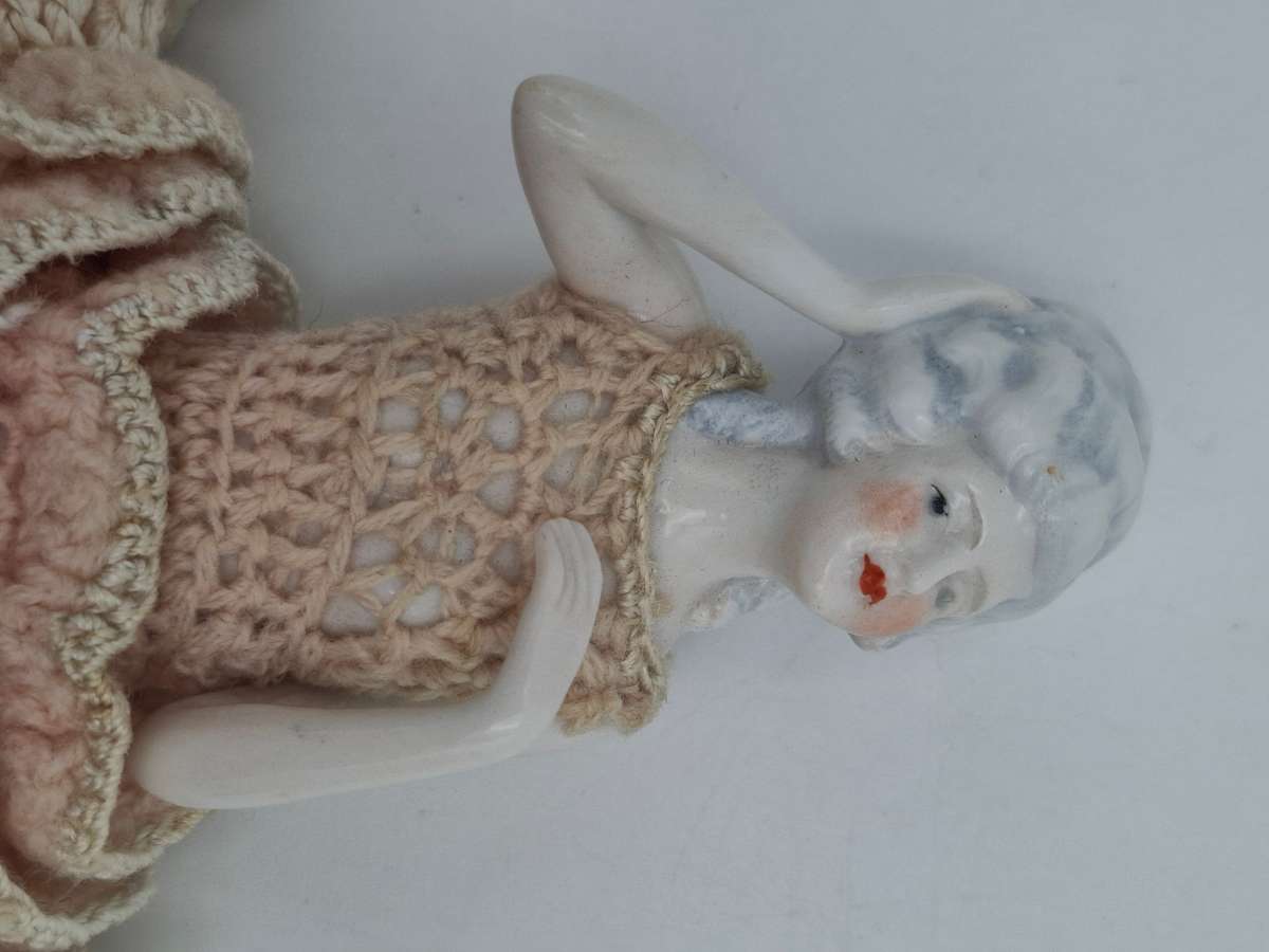 Vintage Porcelain Doll with Crocheted Dress - Unique Tea Cozy