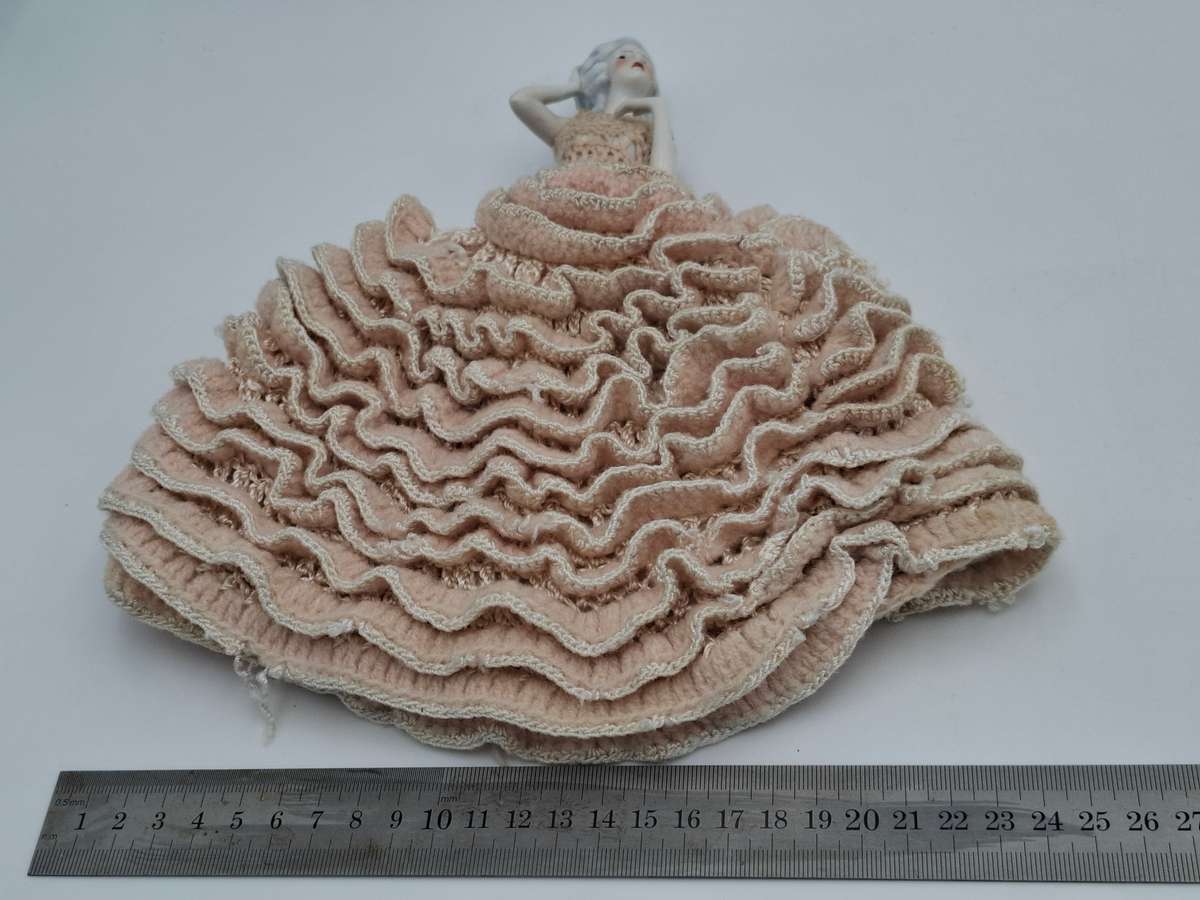 Vintage Porcelain Doll with Crocheted Dress - Unique Tea Cozy