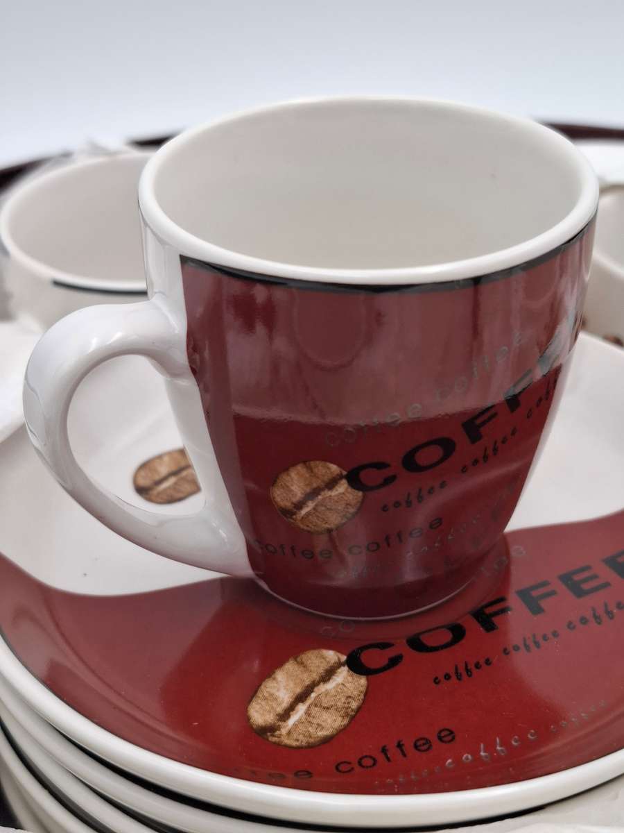 Espresso Coffee Set - 6 Cups & Saucers - Beautiful Coffee Bean Design - As new in Original Container