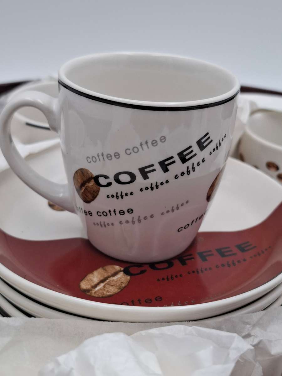 Espresso Coffee Set - 6 Cups & Saucers - Beautiful Coffee Bean Design - As new in Original Container