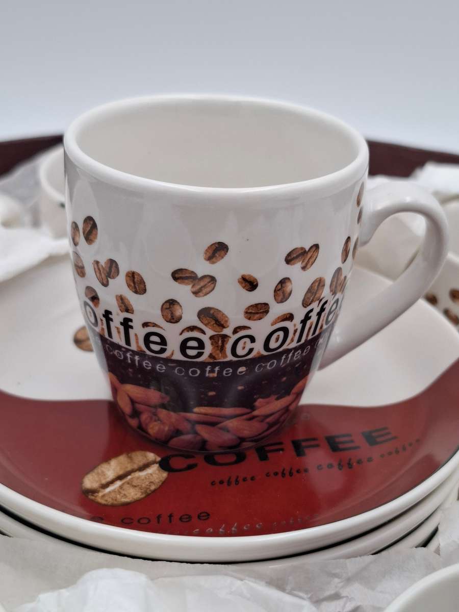 Espresso Coffee Set - 6 Cups & Saucers - Beautiful Coffee Bean Design - As new in Original Container