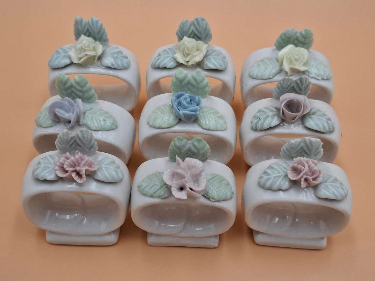 9x Vintage Floral Porcelain Napkin Rings - Floral Design - Blue Pink Yellow
