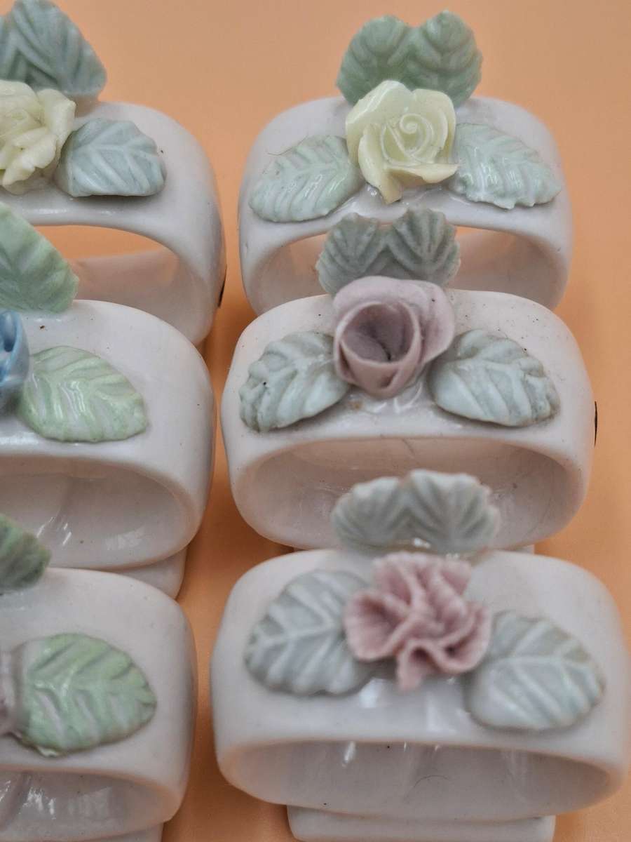 9x Vintage Floral Porcelain Napkin Rings - Floral Design - Blue Pink Yellow