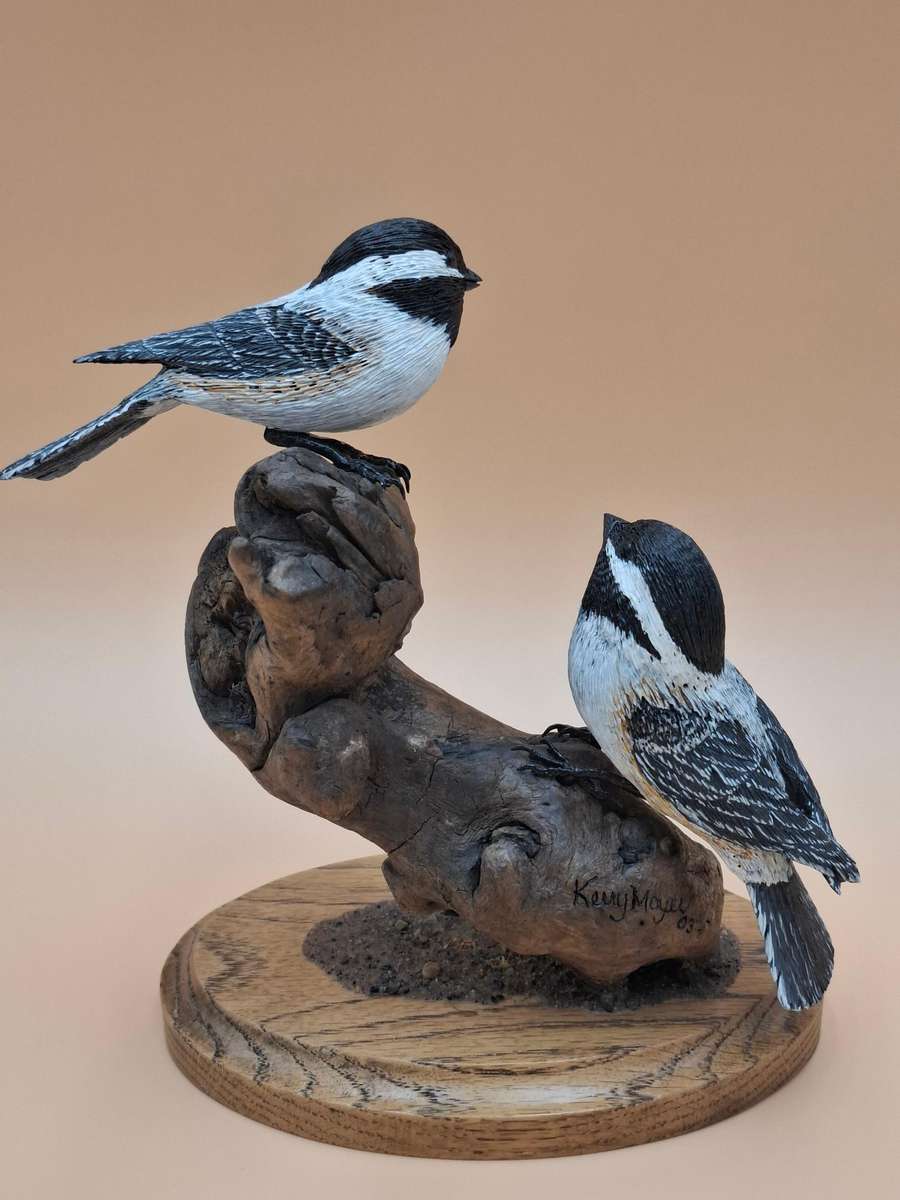 Pair of Sculptured & Hand Painted Resin Chikadee Birds on a Branch - Signed by Artist