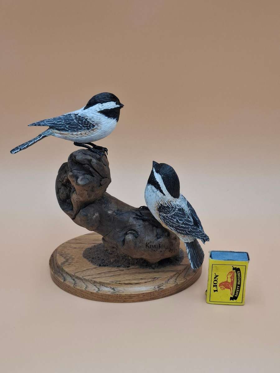 Pair of Sculptured & Hand Painted Resin Chikadee Birds on a Branch - Signed by Artist
