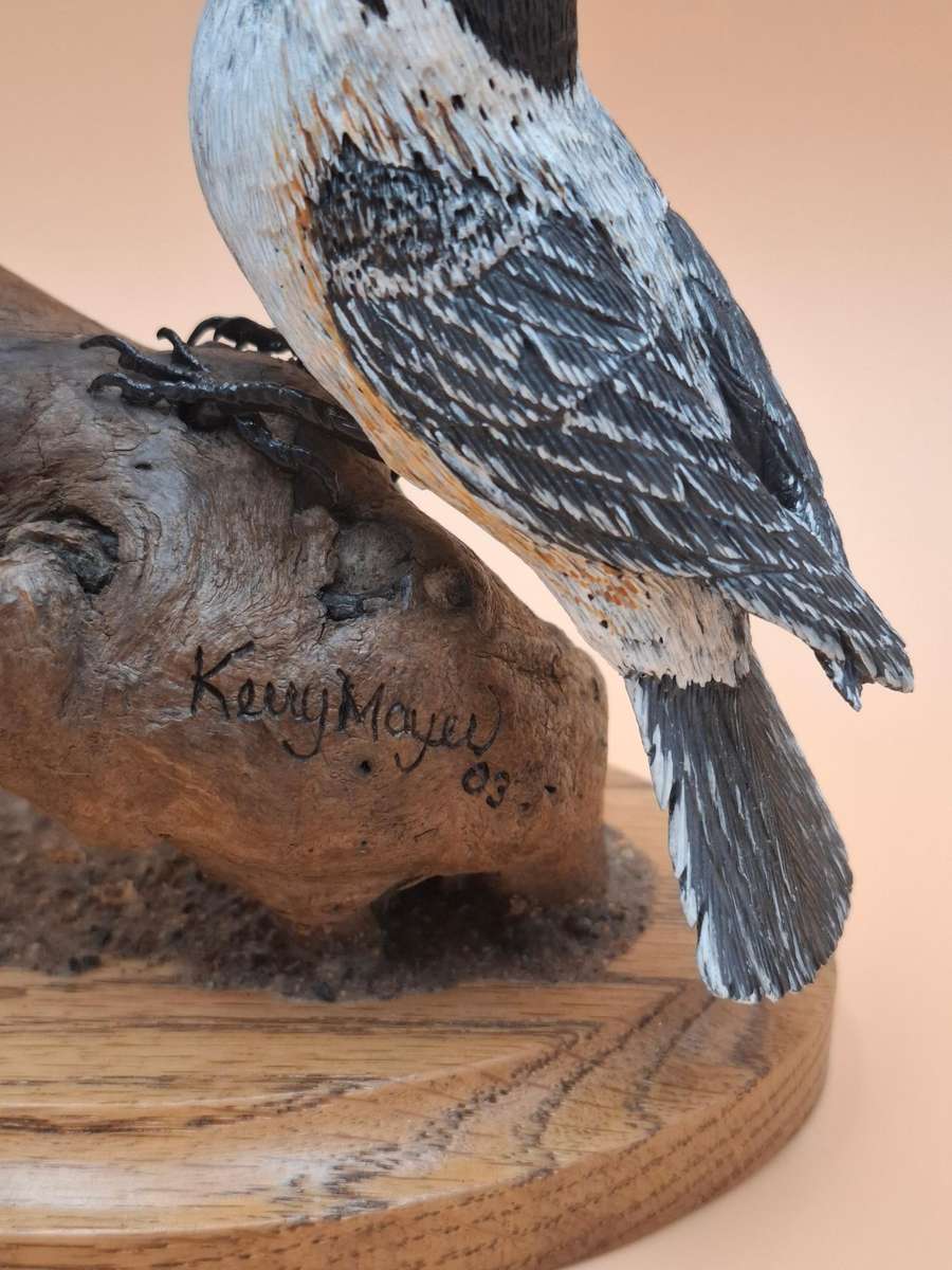 Pair of Sculptured & Hand Painted Resin Chikadee Birds on a Branch - Signed by Artist