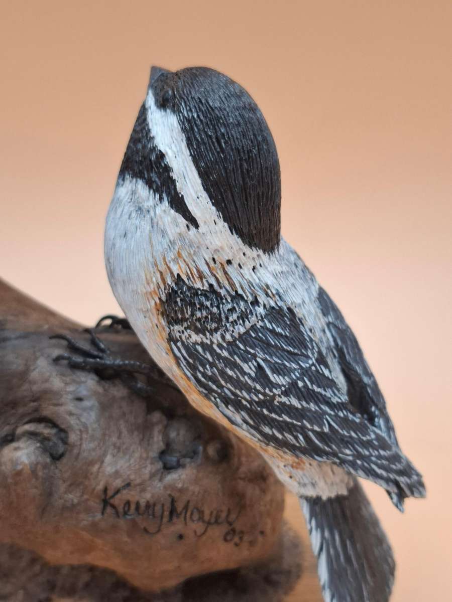 Pair of Sculptured & Hand Painted Resin Chikadee Birds on a Branch - Signed by Artist