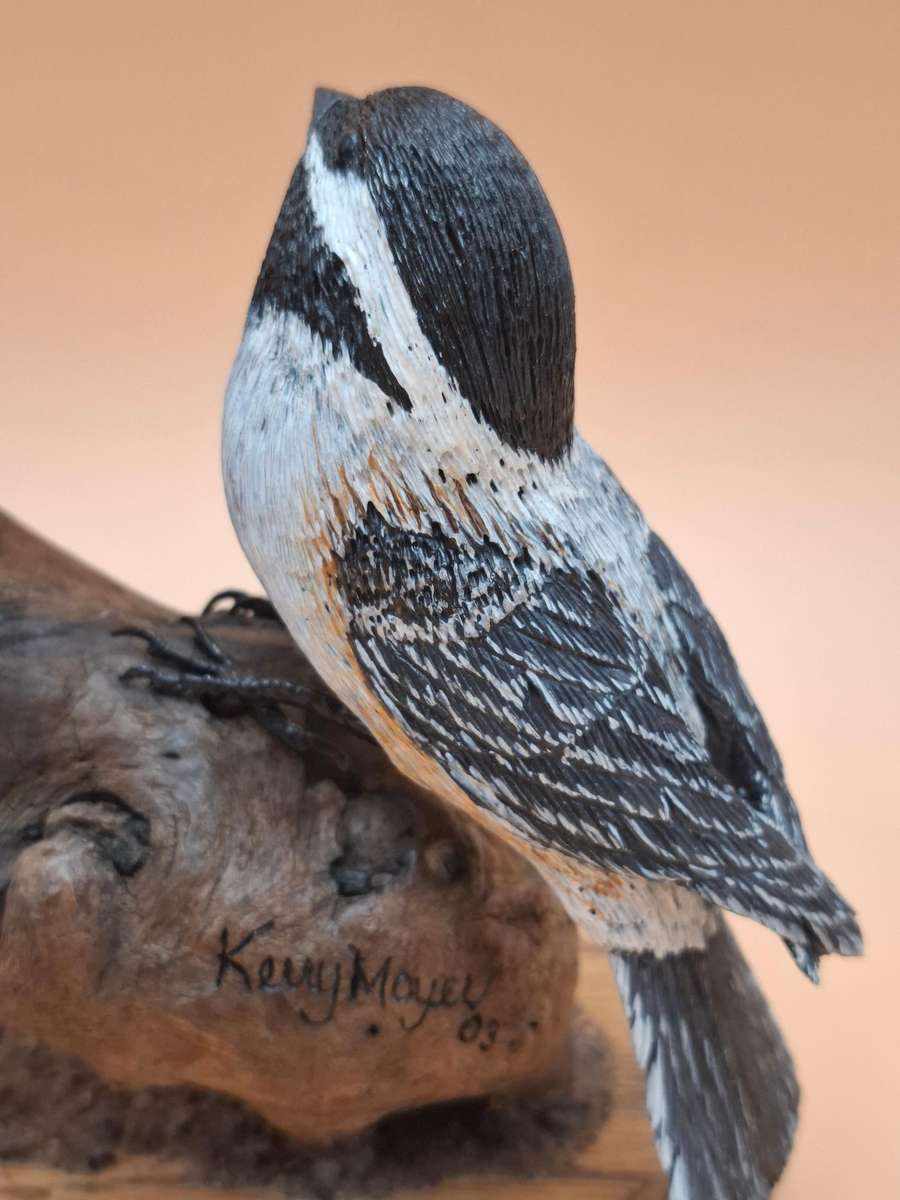 Pair of Sculptured & Hand Painted Resin Chikadee Birds on a Branch - Signed by Artist
