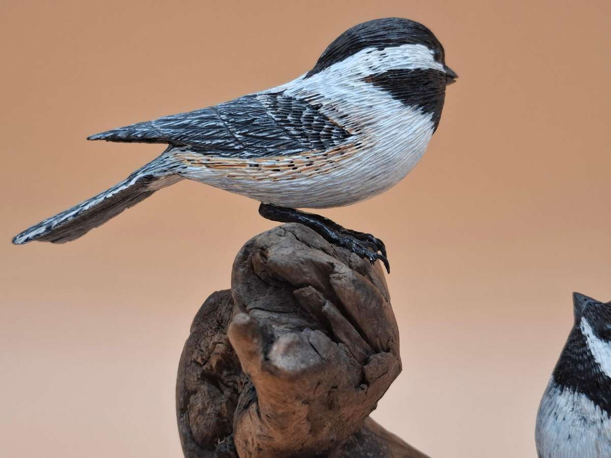 Pair of Sculptured & Hand Painted Resin Chikadee Birds on a Branch - Signed by Artist