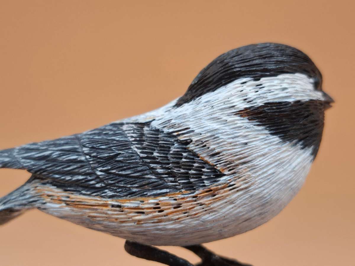 Pair of Sculptured & Hand Painted Resin Chikadee Birds on a Branch - Signed by Artist