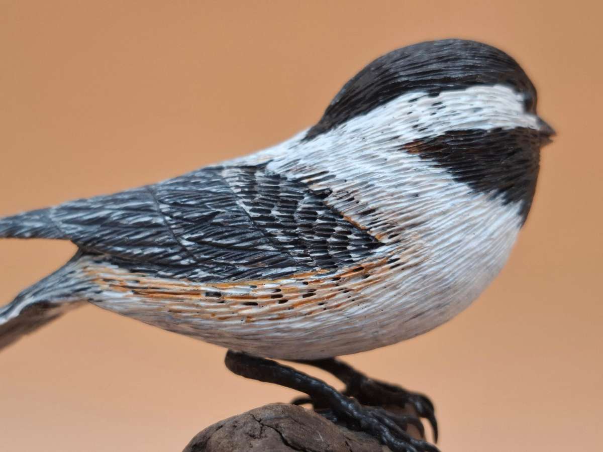 Pair of Sculptured & Hand Painted Resin Chikadee Birds on a Branch - Signed by Artist