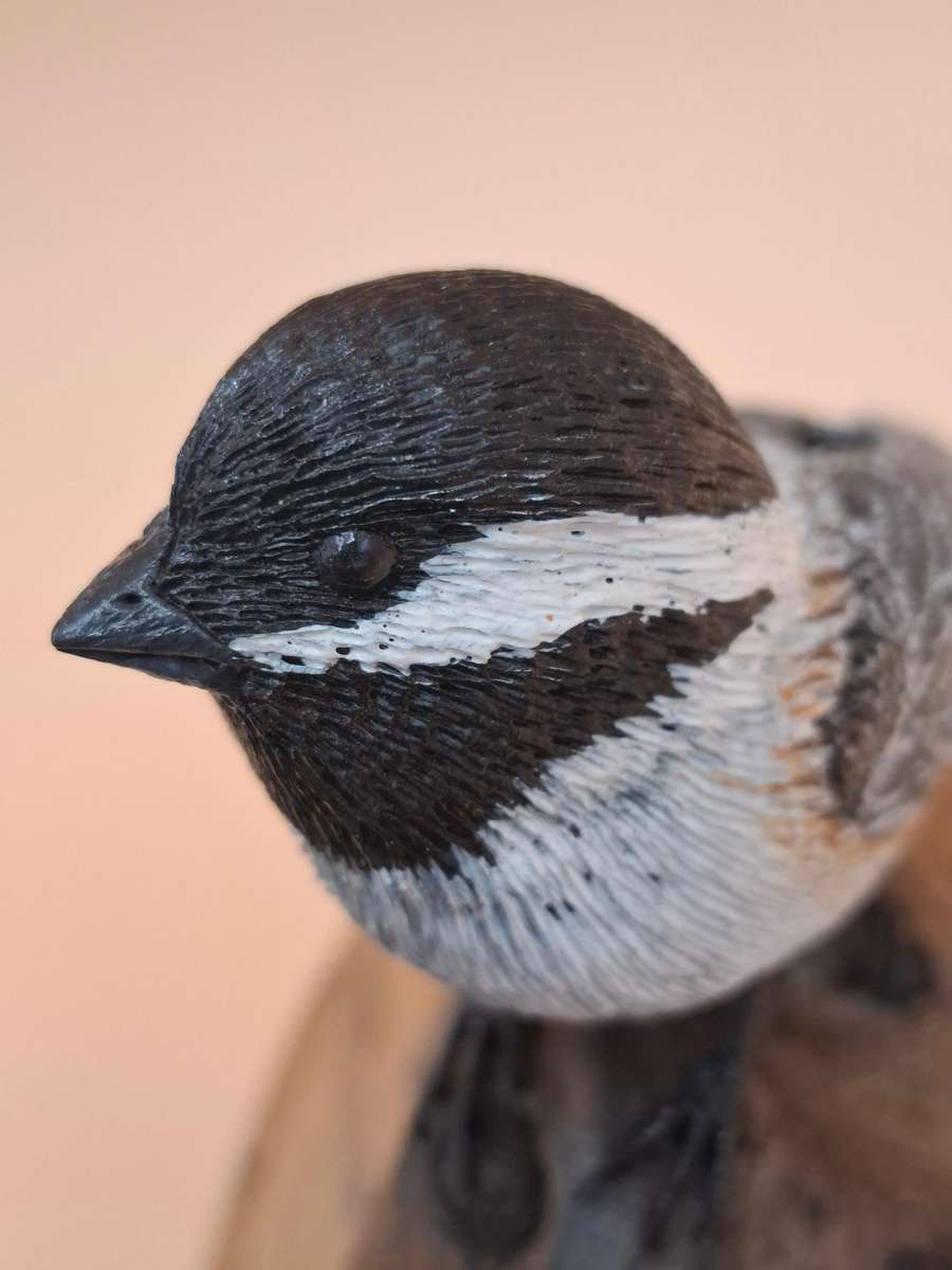 Pair of Sculptured & Hand Painted Resin Chikadee Birds on a Branch - Signed by Artist