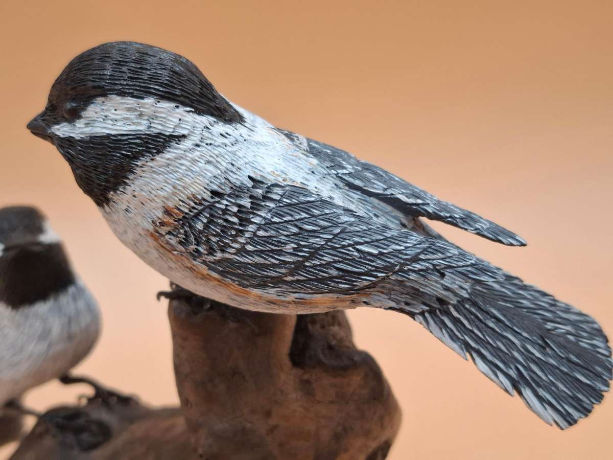 Pair of Sculptured & Hand Painted Resin Chikadee Birds on a Branch - Signed by Artist