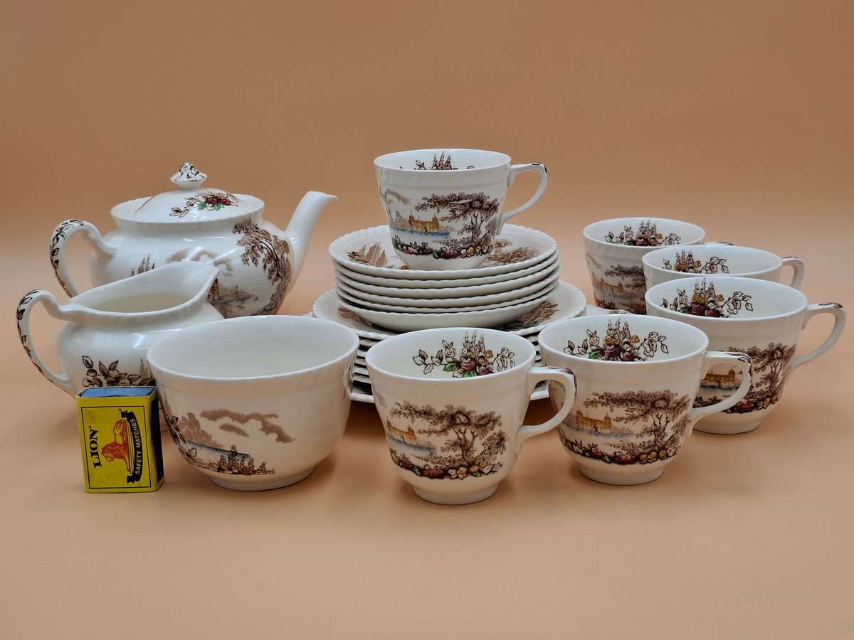 Vintage Johnson Brothers "Castle on the Lake" Dinnerware - Pink & Brown Hues