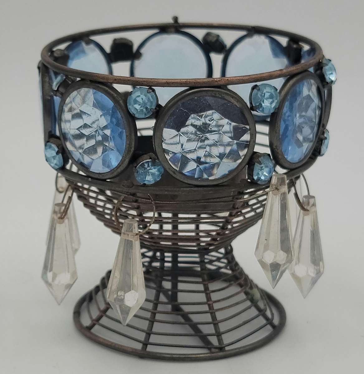 Vintage Blue Cut Glass Tealight Candle Holder - Metal Frame - Lovely Colour