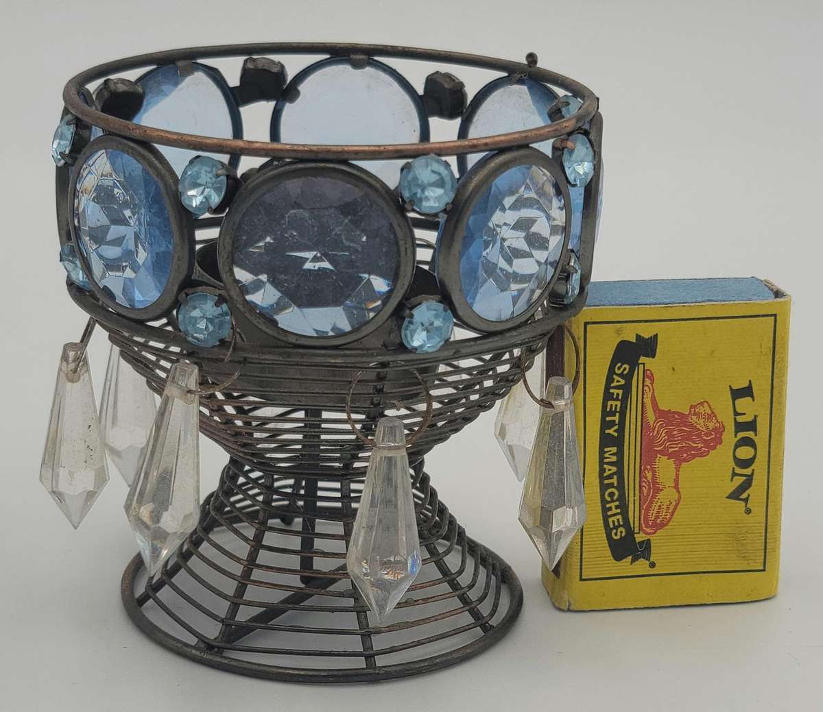 Vintage Blue Cut Glass Tealight Candle Holder - Metal Frame - Lovely Colour