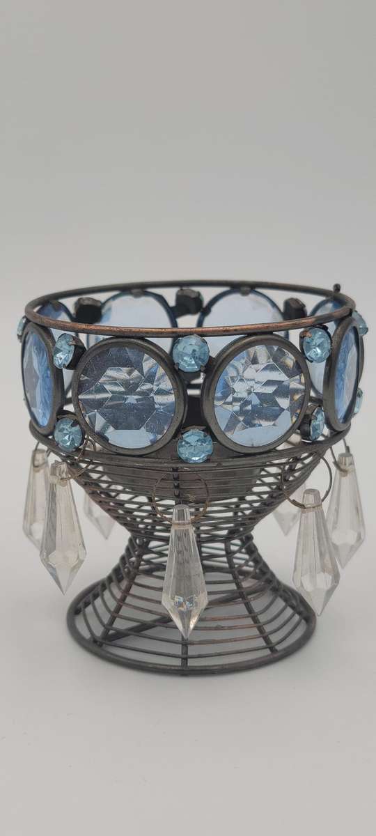 Vintage Blue Cut Glass Tealight Candle Holder - Metal Frame - Lovely Colour