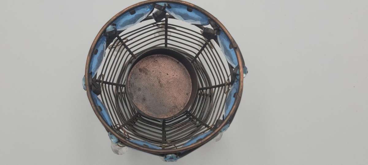 Vintage Blue Cut Glass Tealight Candle Holder - Metal Frame - Lovely Colour