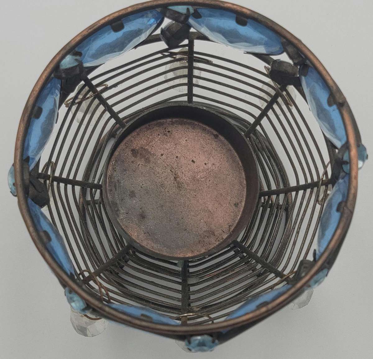 Vintage Blue Cut Glass Tealight Candle Holder - Metal Frame - Lovely Colour